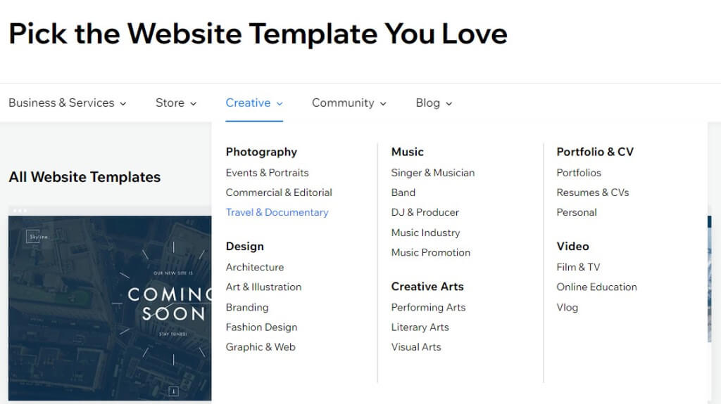 WIX Template Categories