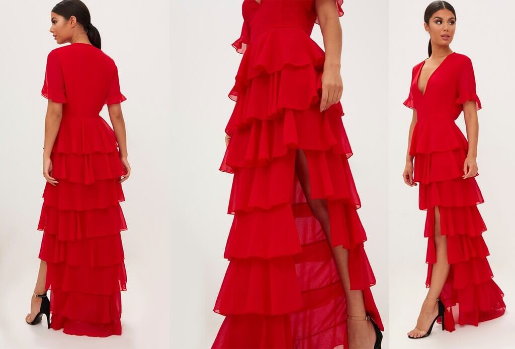 Red Chiffon Ruffle Layer Maxi Dress - by Pretty Little Thing