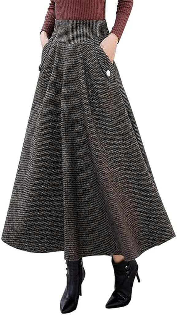 Ylingjun Elastic High Waisted A Line Flared Pleated Wool Skirt - by Amazon