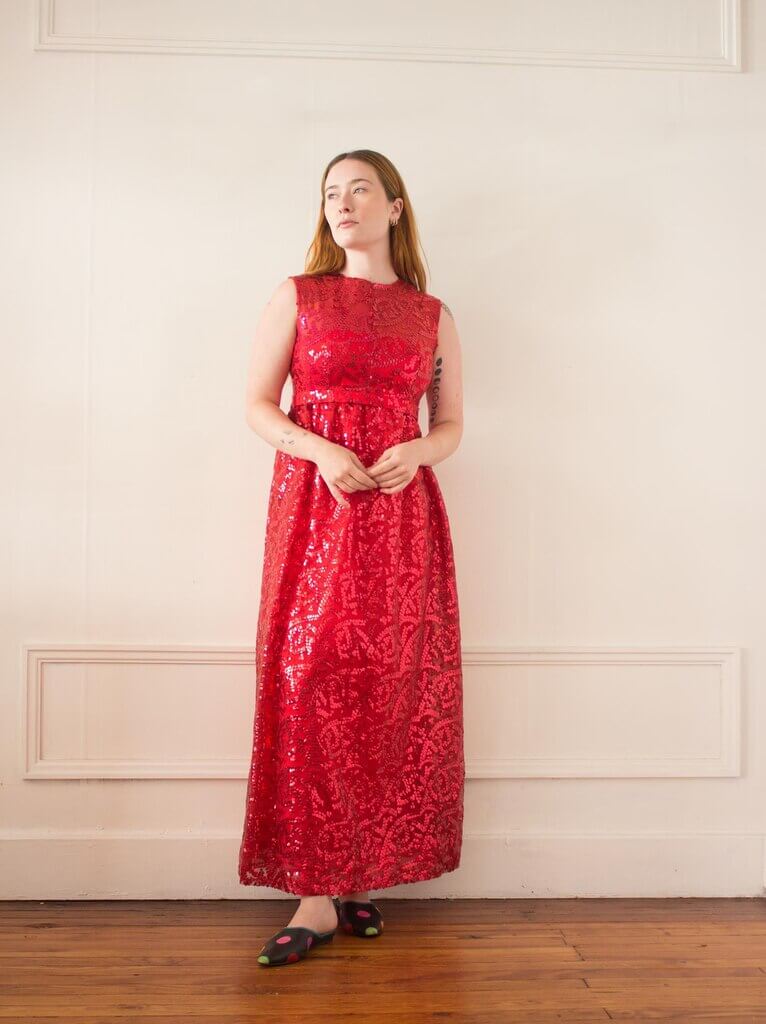 Wayward Collection 1960s Red Sequined Empire Waist Dress - by Etsy