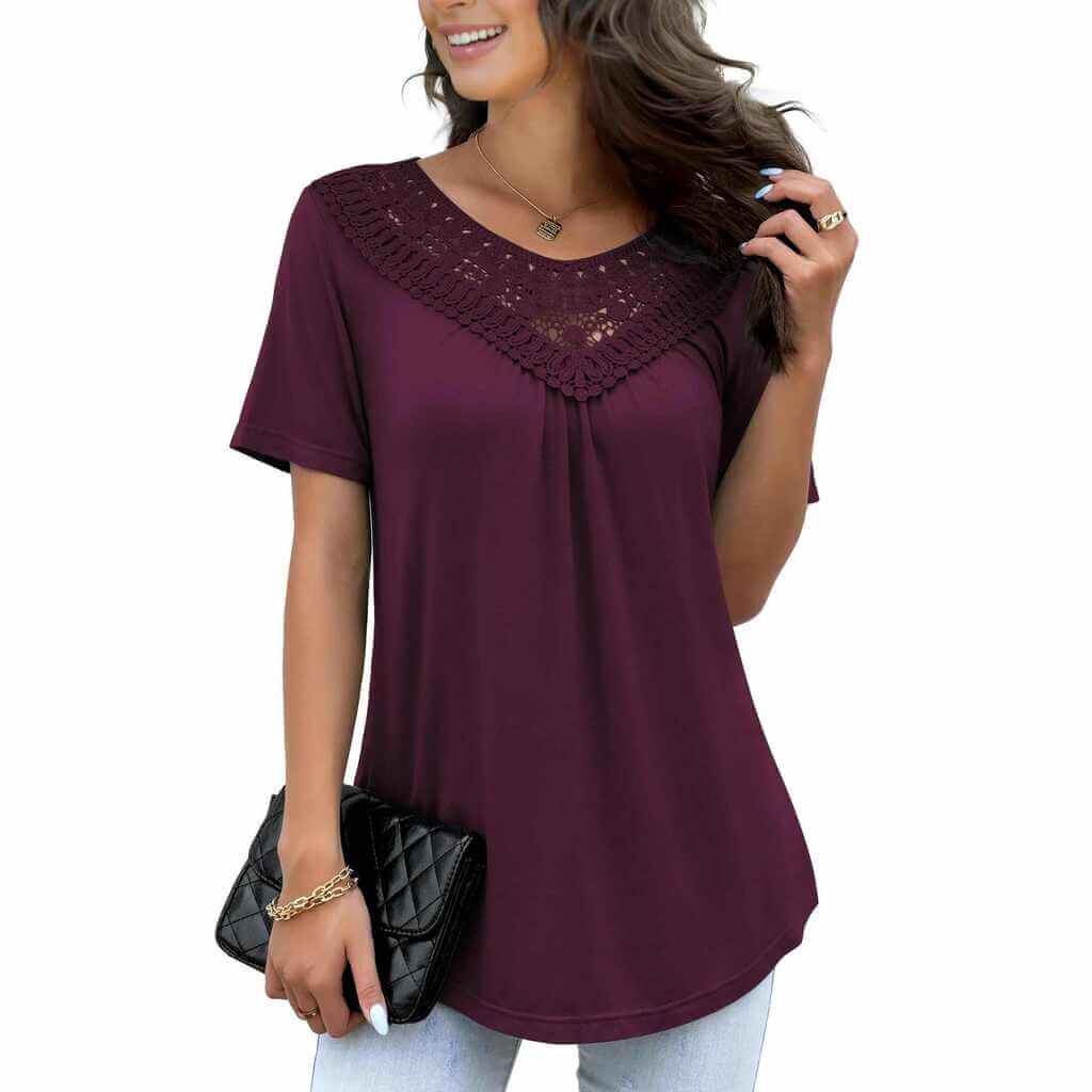 FOLUNSI Plus-Size Short-Sleeve Lace Blouse