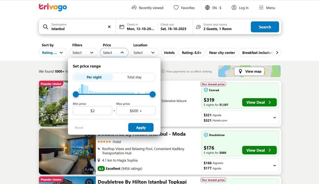 Price filters - by Trivago